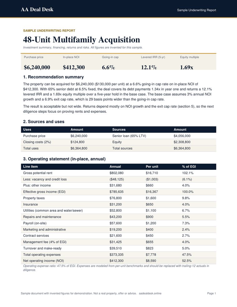 First page of the sample underwriting report